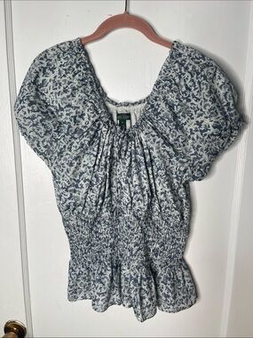 Ralph Lauren XL Peasant Top Smocked Waist Cotton Blue Peplum Boho Hippie
